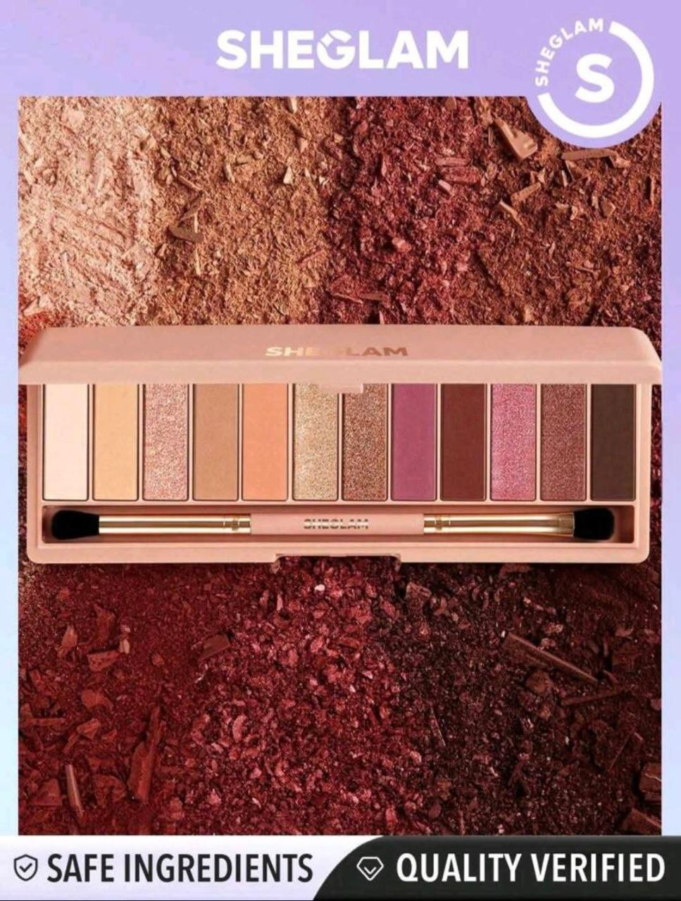 Sheglam eyeshadow palette with multiple colors on a textured brown background